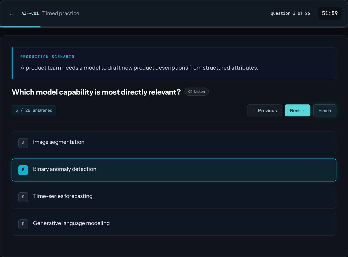 A timed AWS Certified AI Practitioner practice question on AI CertArena