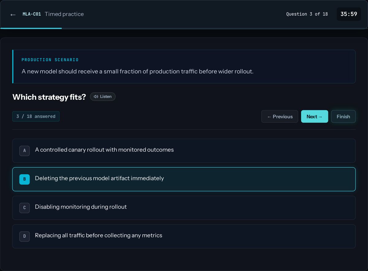 A timed AWS Machine Learning Engineer Associate practice question on AI CertArena