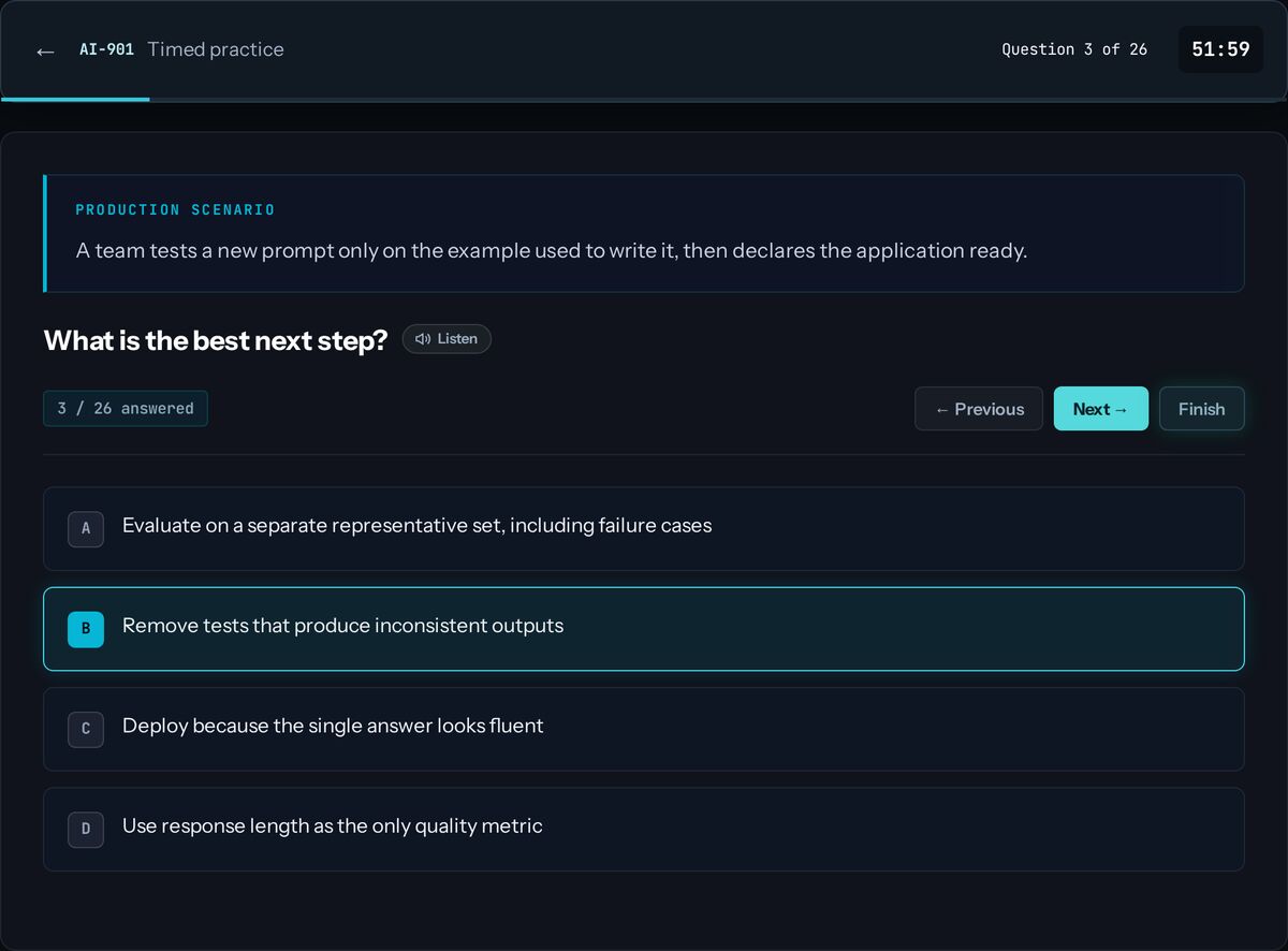A timed Microsoft Azure AI Fundamentals practice question on AI CertArena