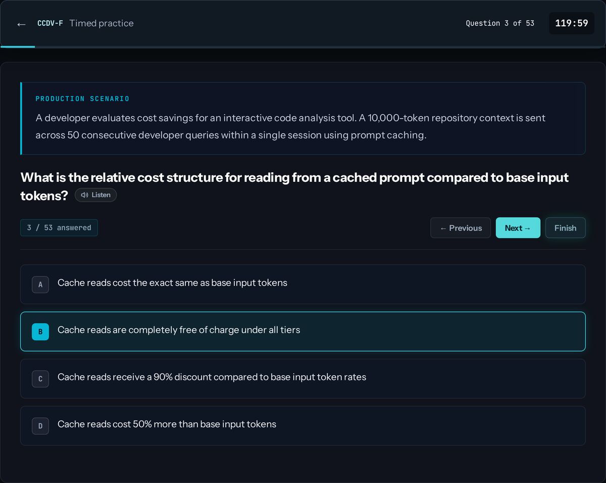 A timed Claude Certified Developer: Foundations practice question on AI CertArena