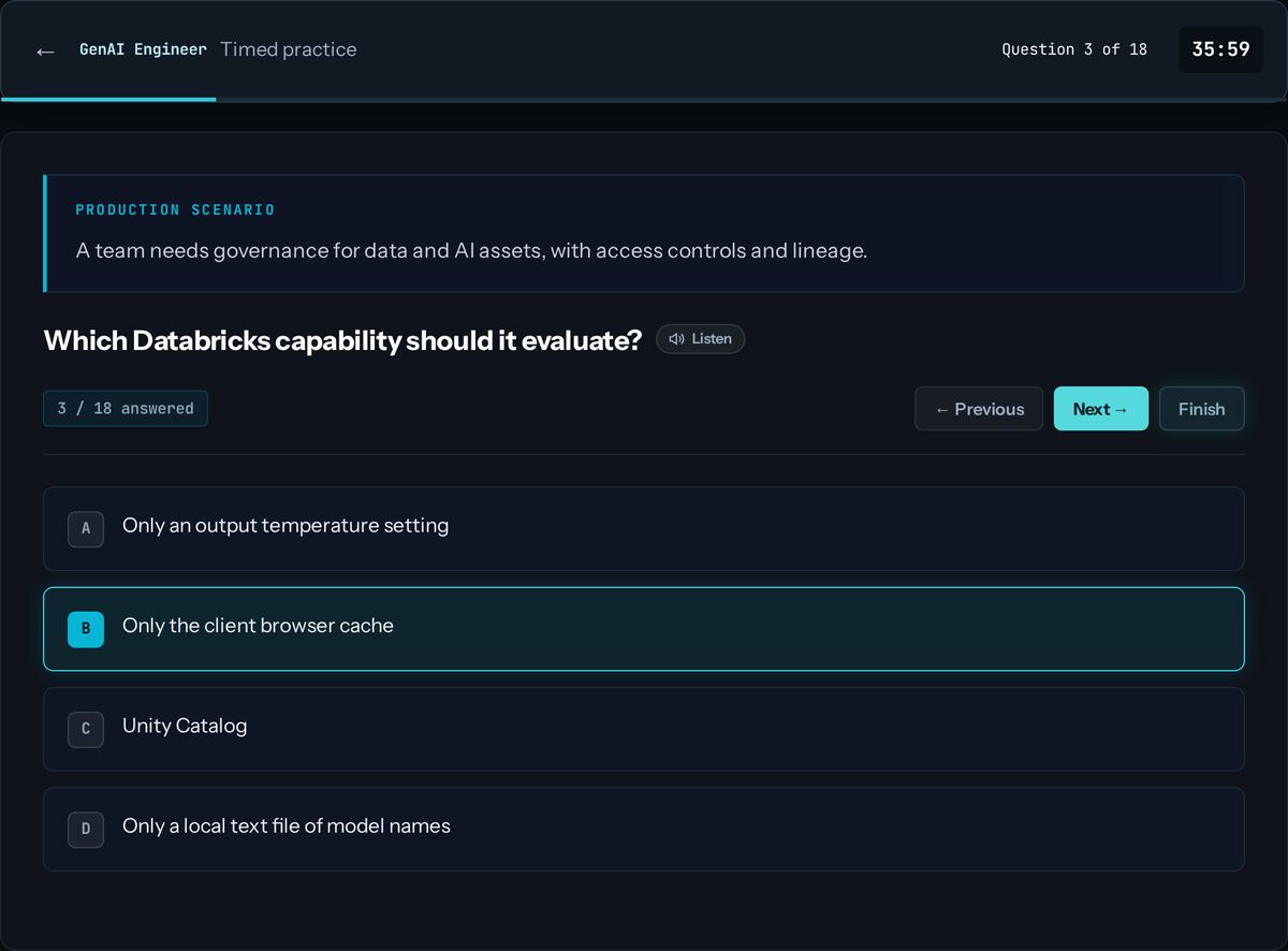 A timed Databricks Generative AI Engineer Associate practice question on AI CertArena