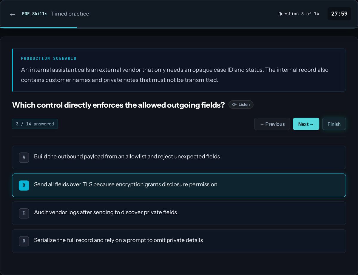 A timed Forward-Deployed AI Delivery Skills practice question on AI CertArena
