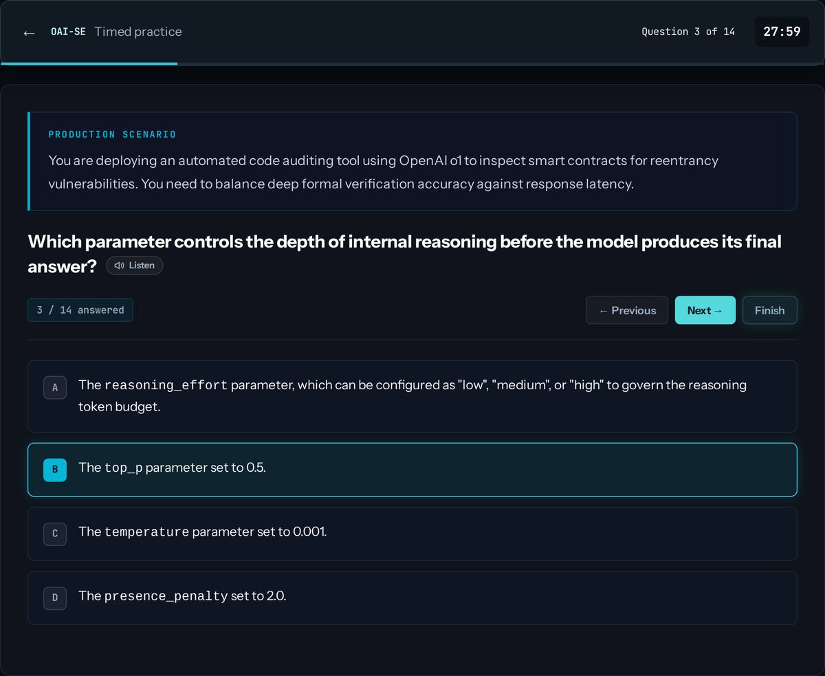 A timed OpenAI API Solutions Skills practice question on AI CertArena